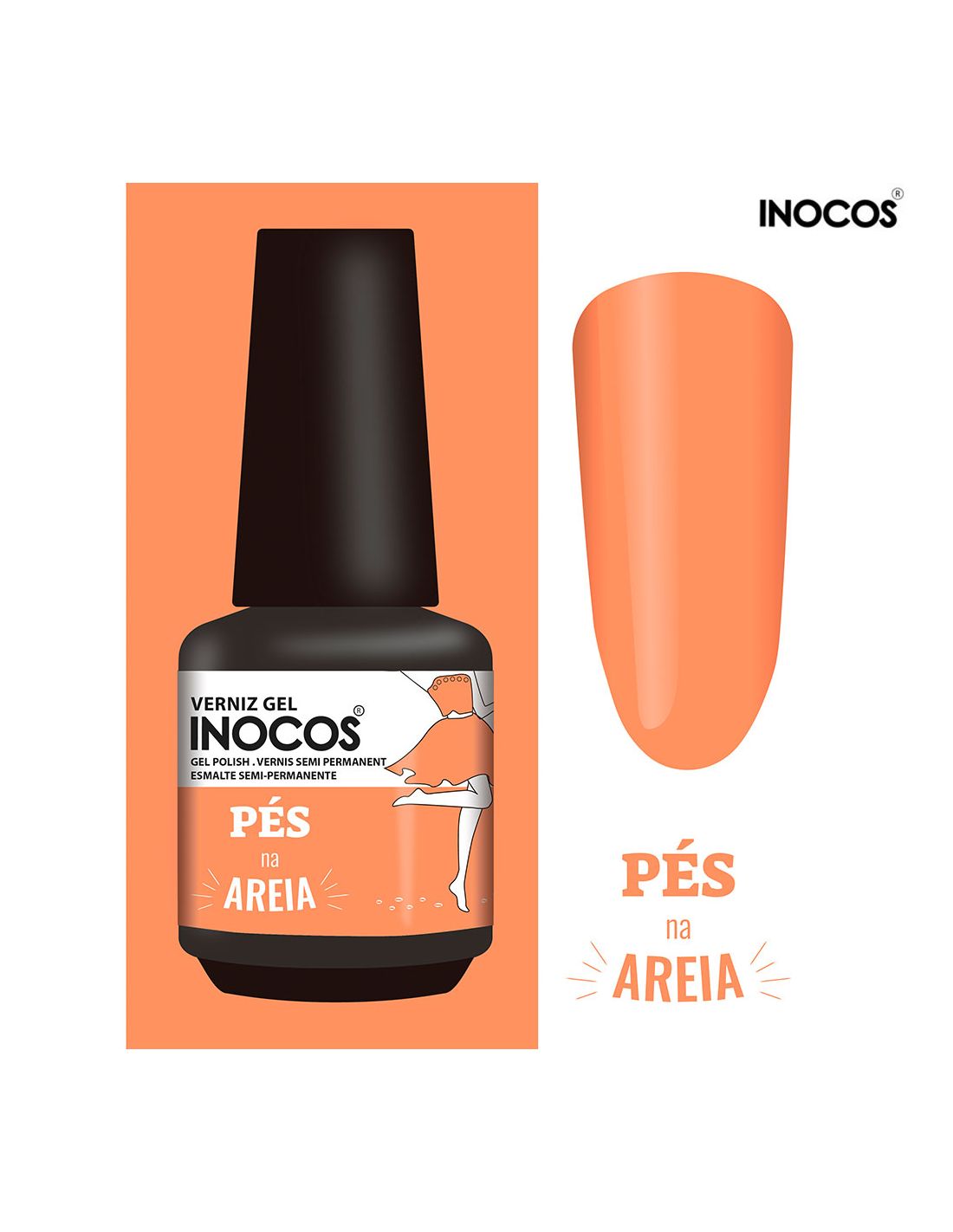 Frasco de verniz gel INOCOS cor areião com amostra da cor