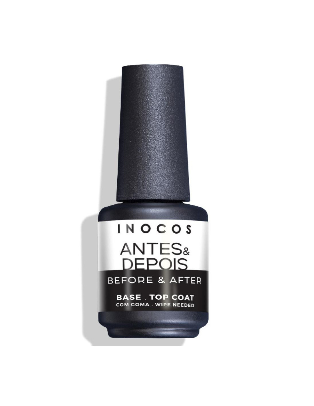 Frasco de verniz para unhas preto com rótulo branco e preto
