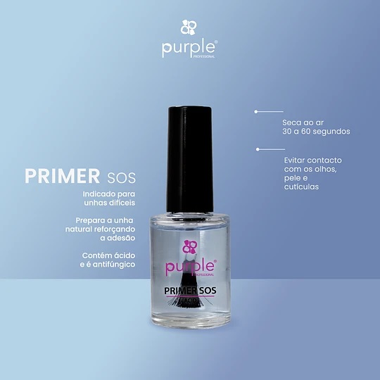 Frasco de primer para unhas da marca Purple sobre fundo azul claro