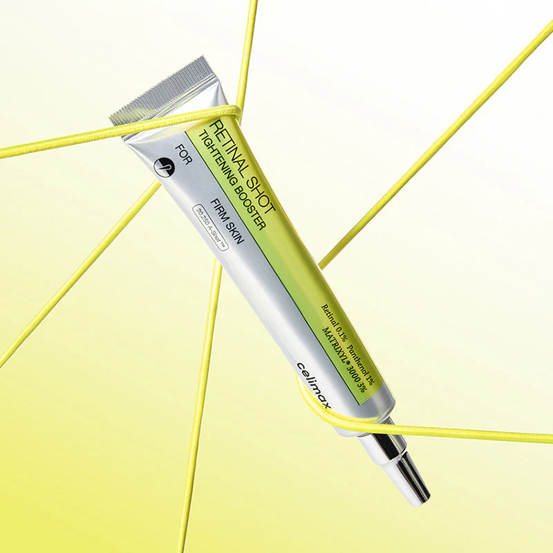 Tubo de sérum facial Retinal Shot Tightening Booster para pele firme com fundo amarelo