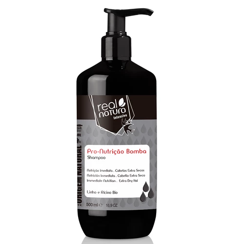 Frasco preto com doseador de shampoo Real Natura Intensivo Pro-Nutrição Bomba