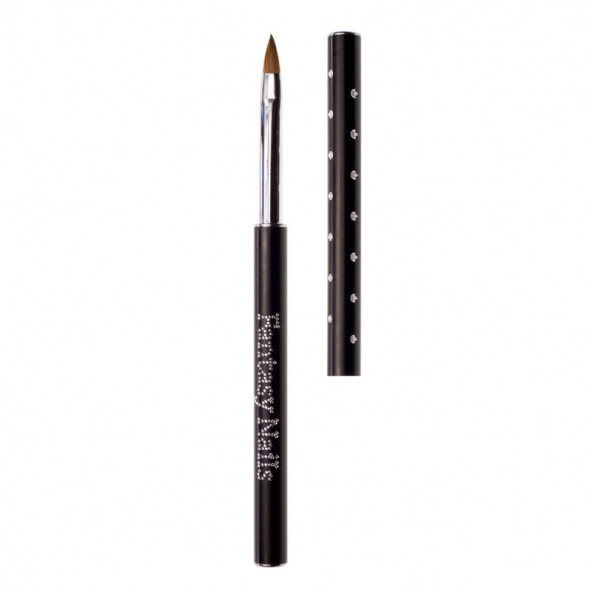 Pincel de unhas com cabo preto e tampa preta com bolinhas brancas