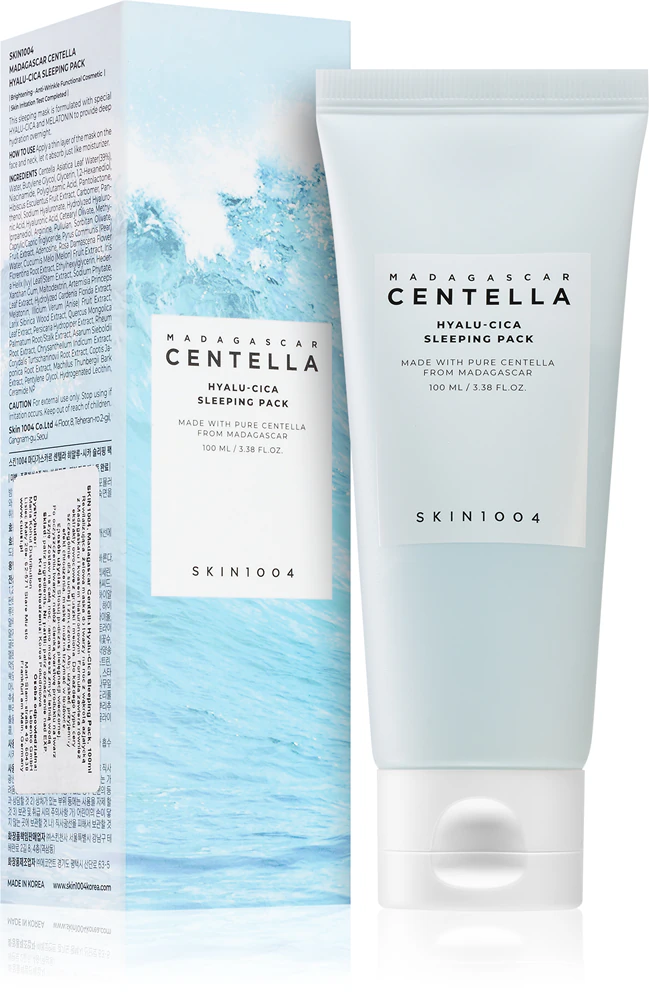 Pack de cuidado de pele Madagascar Centella Hyalu-Cica Sleeping Pack com tubo branco e caixa azul