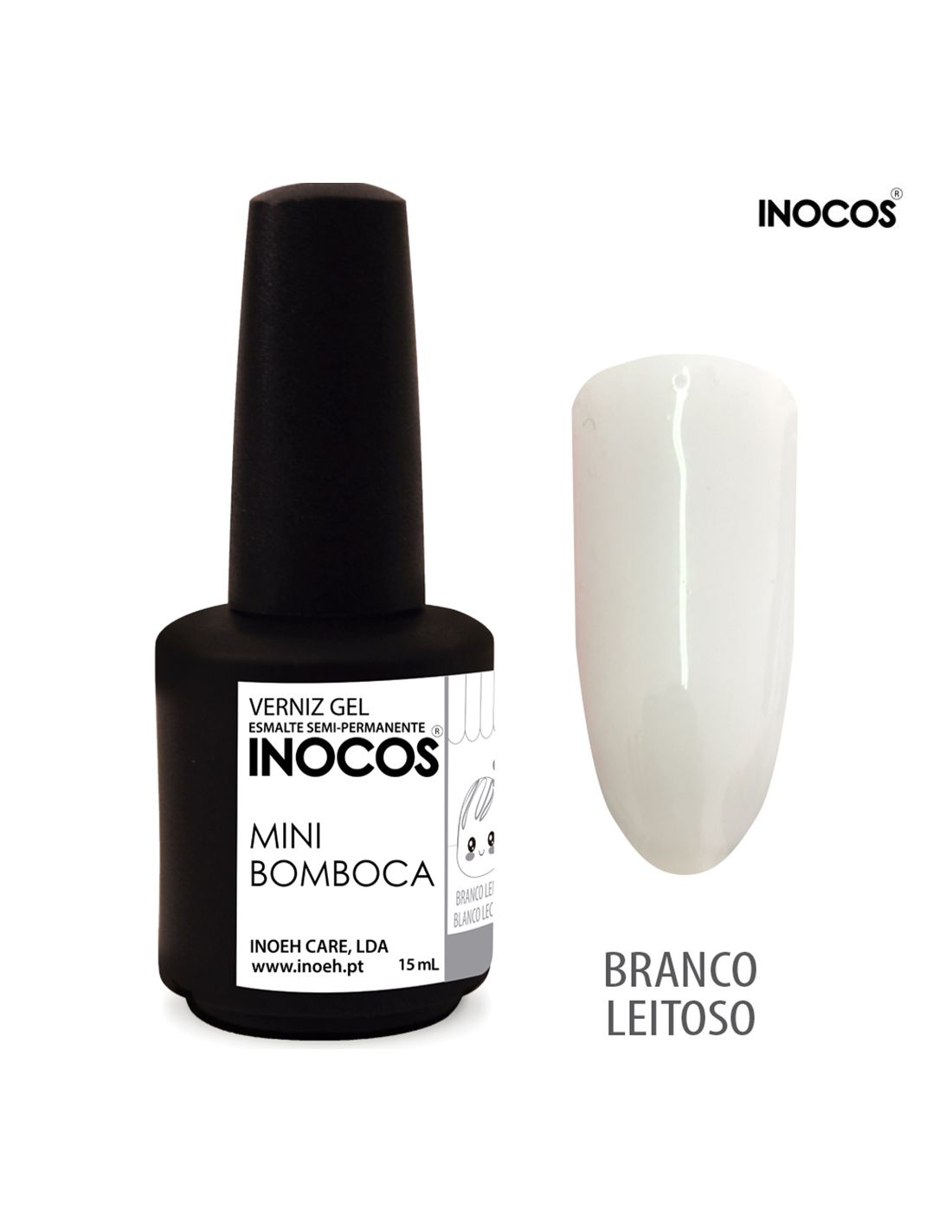 Frasco preto de verniz gel Inocos Mini Bomboca com amostra de unha branco leitoso