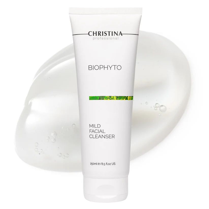 Gel limpador facial BIOPHYTO da CHRISTINA em tubo branco com textura gel ao fundo