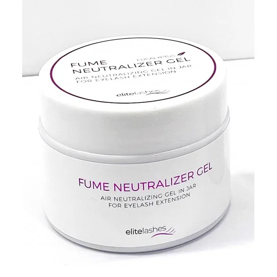 Frasco branco de gel neutralizador de fumo com texto e marca elitelashes