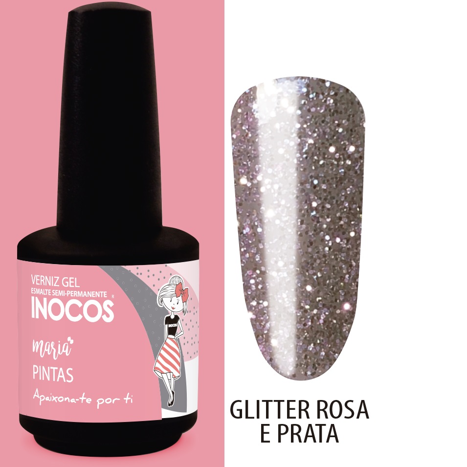 Frasco de verniz gel rosa INOCOS com amostra glitter prateada