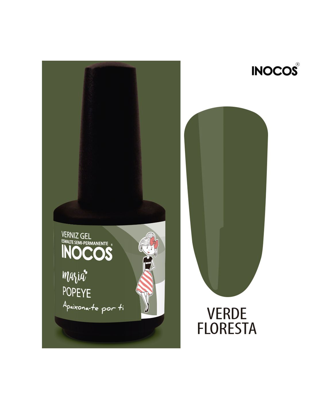 Verniz gel INOCOS Verde Floresta com embalagem e amostra de cor