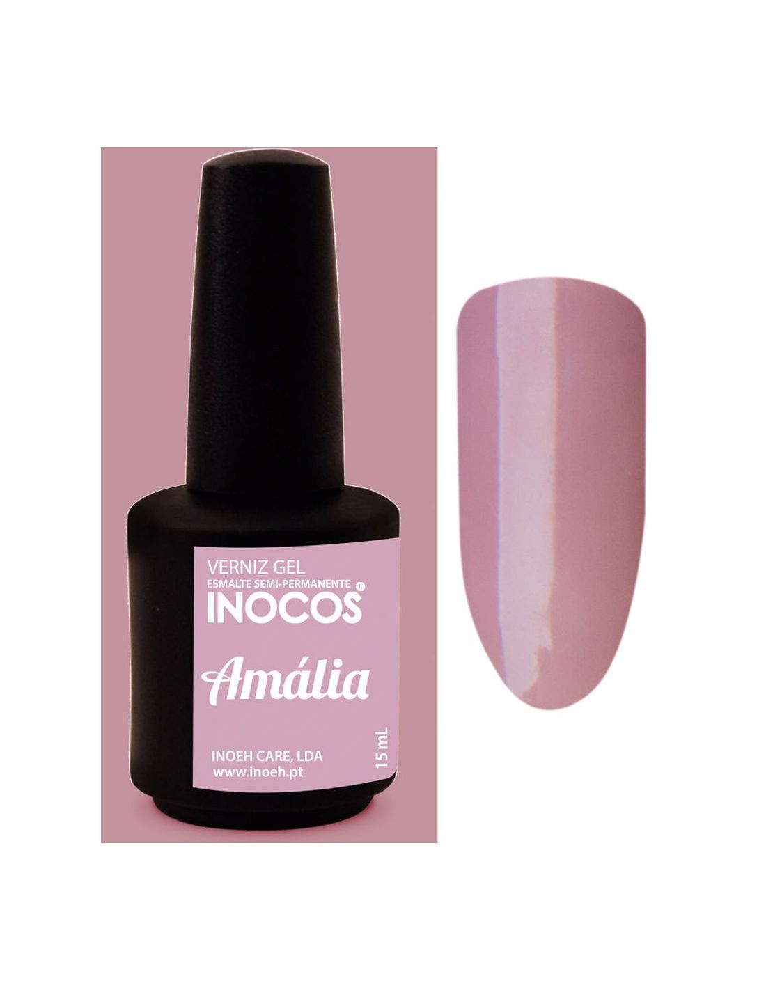 Frasco de verniz gel preto com rótulo rosa e amostra de cor rosa claro