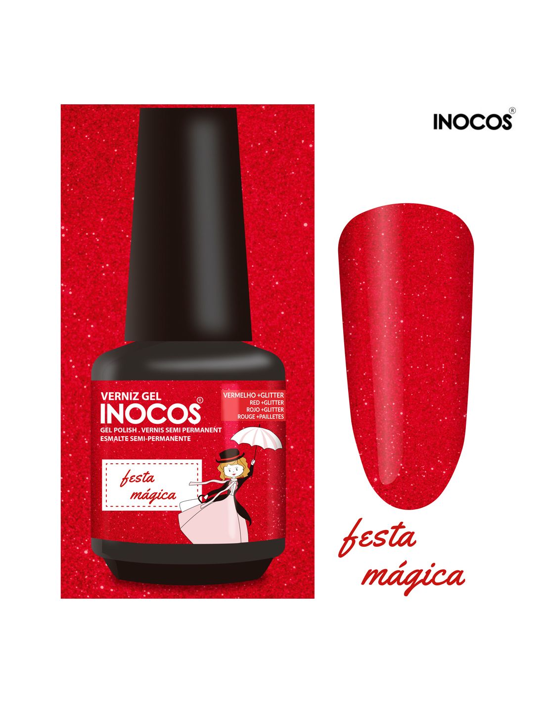 Verniz gel vermelho glitter INOCOS com rótulo e amostra de cor