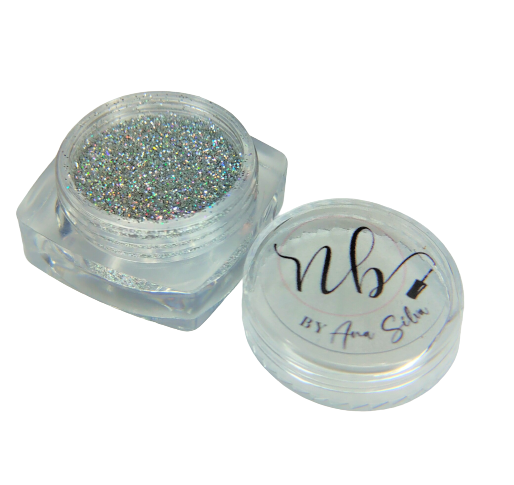 Pote transparente com glitter prateado e tampa com texto