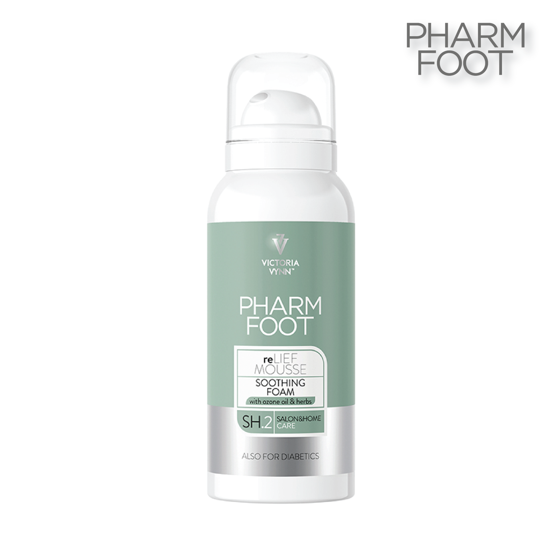 Frasco branco com espuma para pés PHARM FOOT com rótulo verde