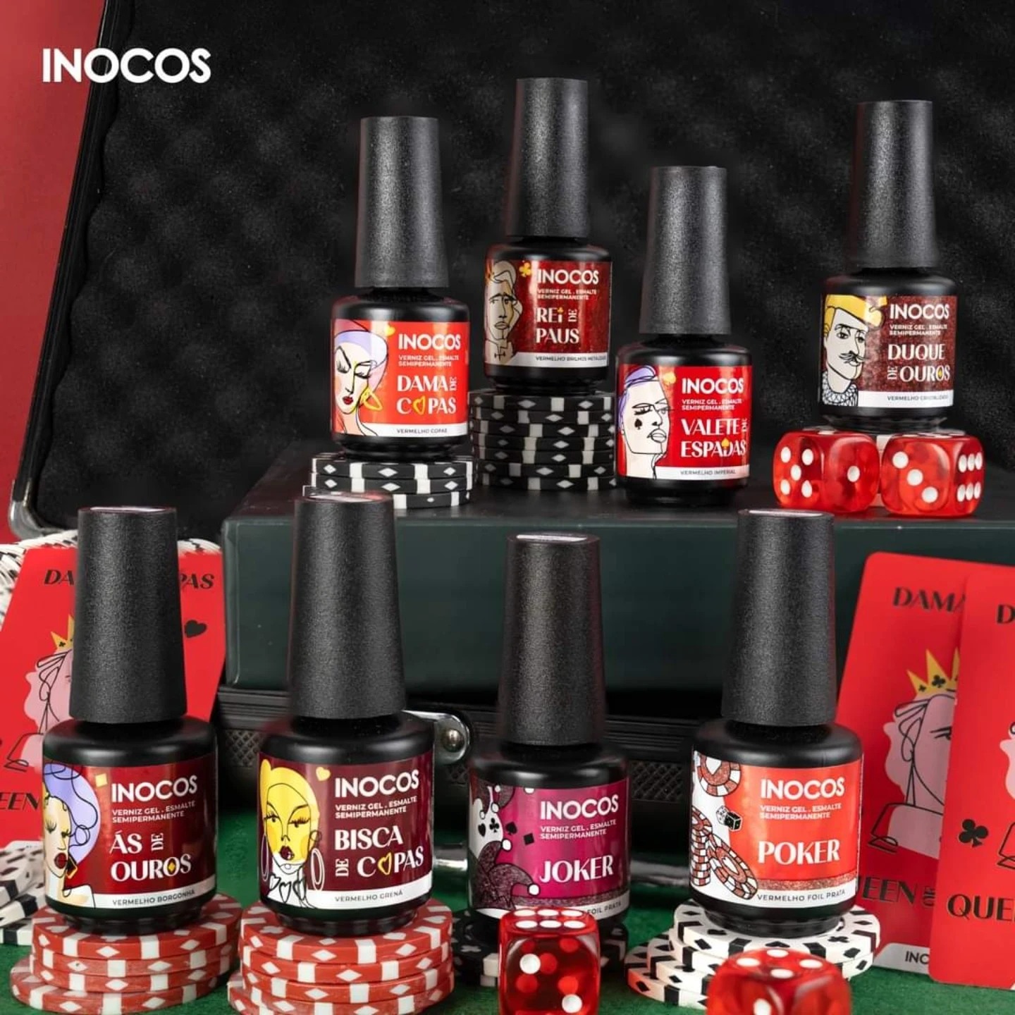 Vernizes de unhas INOCOS tema cartas de baralho e jogo, com fichas e dados