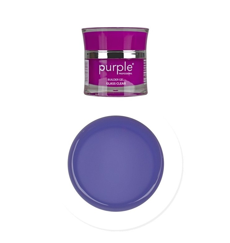 Gel de construção para unhas roxo em frasco e amostra circular do produto