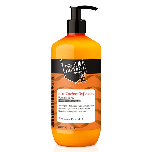 Frasco laranja de hidratante capilar Real Natura Intensivo Pro-Cachos Definidos