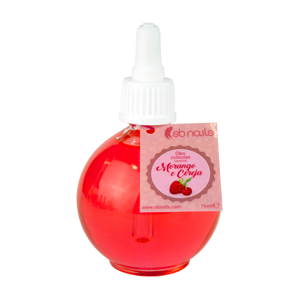 Frasco redondo vermelho com conta-gotas branco e rótulo rosa de óleo para cutículas Morango e Cereja sbnails