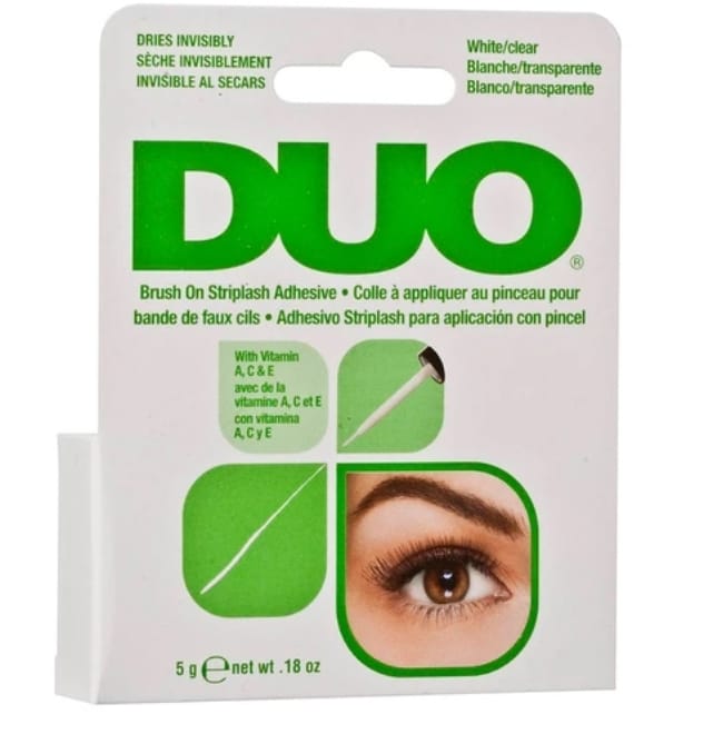 Embalagem adesivo pestanas DUO branca e verde com texto e imagem de olho