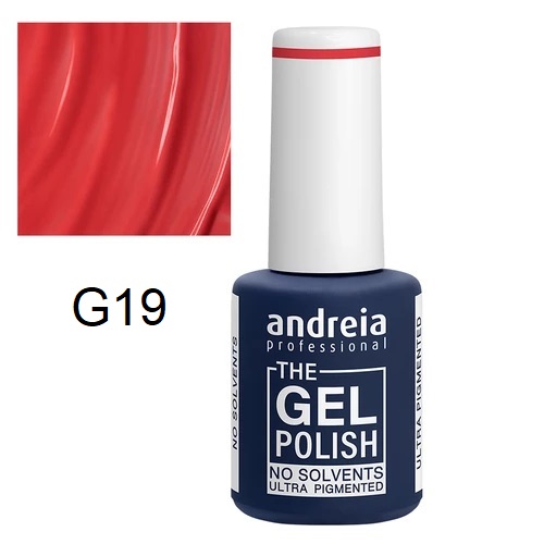 Verniz de unhas 'andreia professional THE GEL POLISH' azul com tampa branca, cor vermelha G19 visível