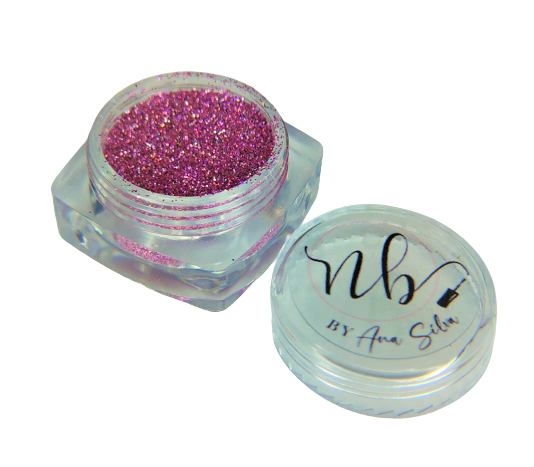 Pote transparente com glitter rosa e tampa com texto nb BY Ana Silva