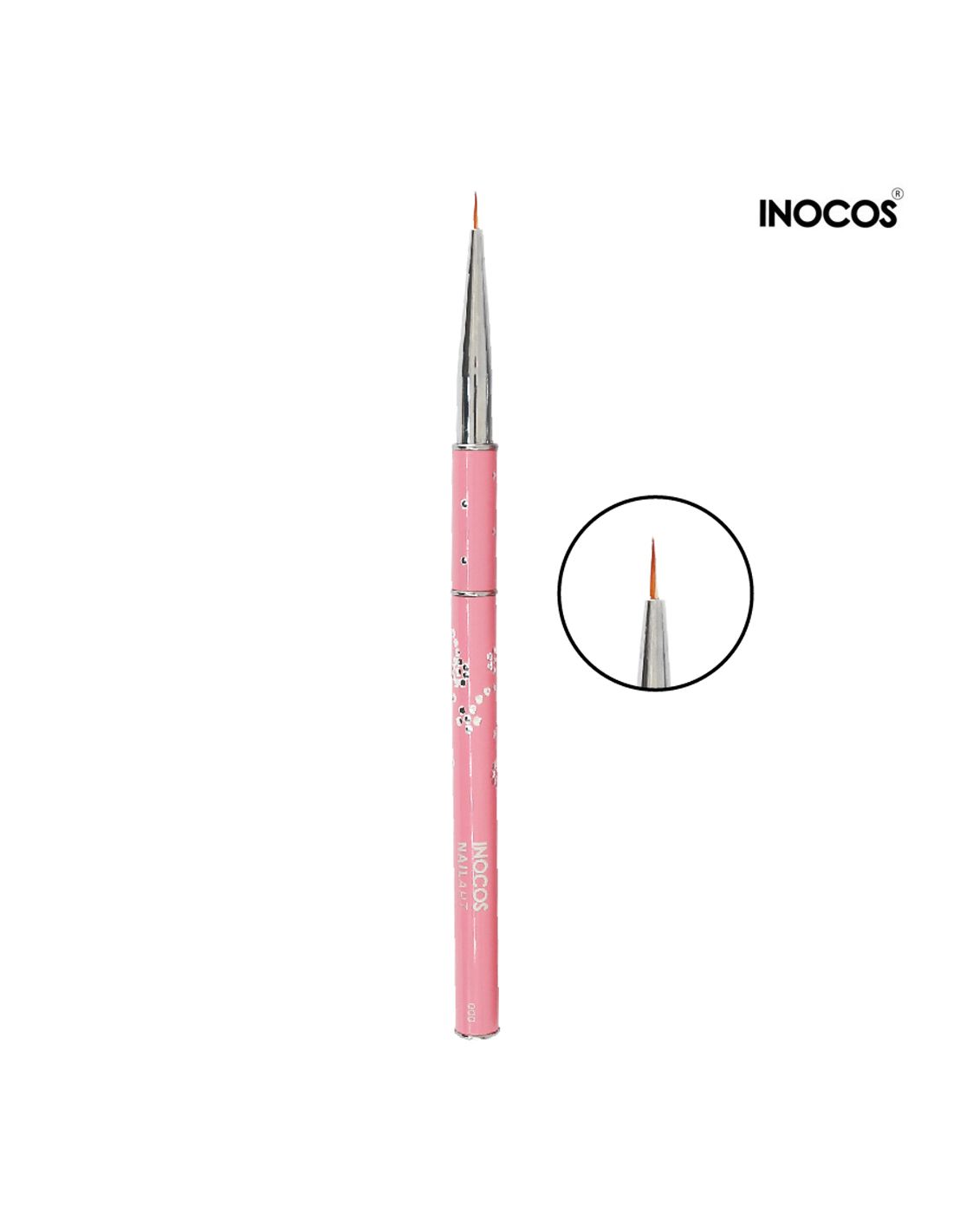 Pincel fino para unhas INOCOS com cabo rosa metálico e ponta fina