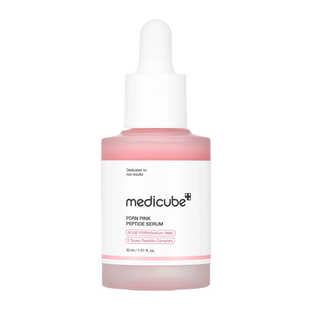 Frasco de sérum de pepetídeos medicube cor-de-rosa com conta-gotas branco