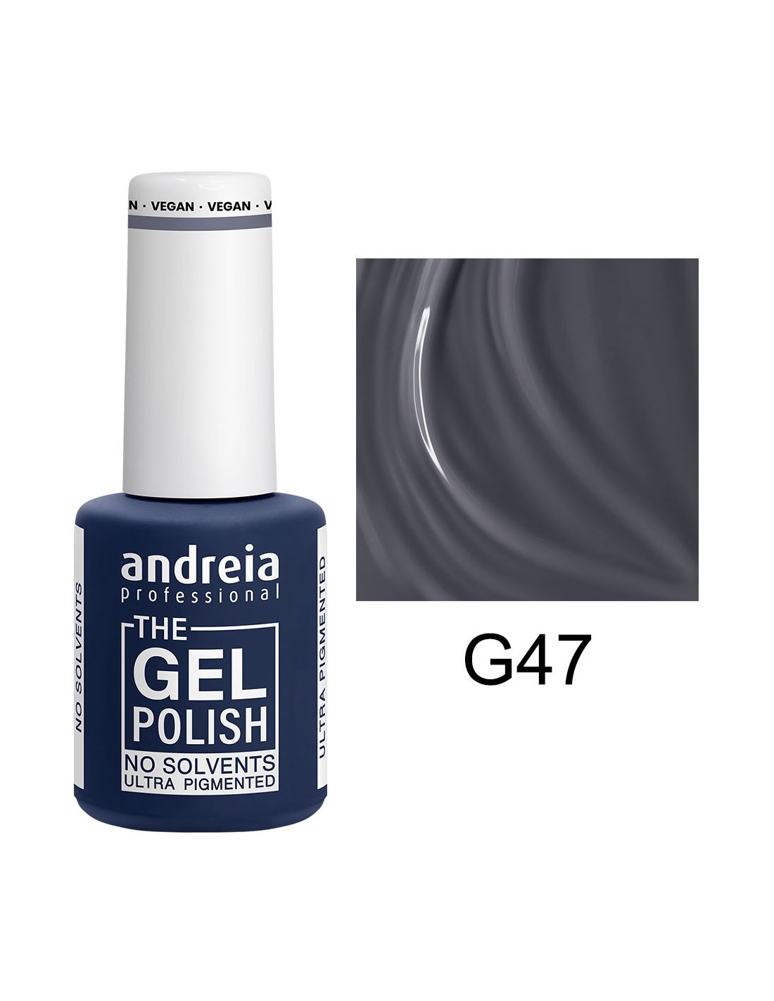 Frasco de verniz gel azul escuro com tampa branca e amostra da cor G47