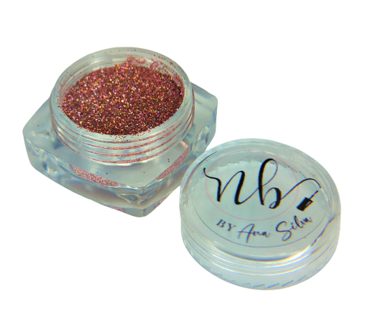 Pote plástico transparente com glitter e tampa removida com texto