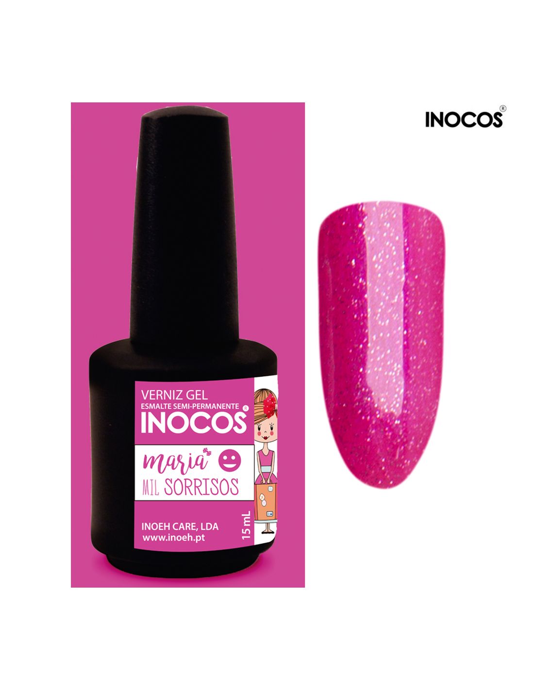 Frasco de verniz gel INOCOS rosa e amostra de unha pintada