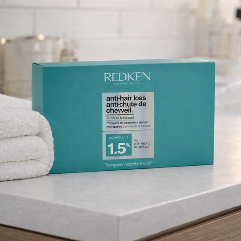 Caixa azul turquesa do produto Redken anti-hair loss com texto em inglês e francês sobre bancada