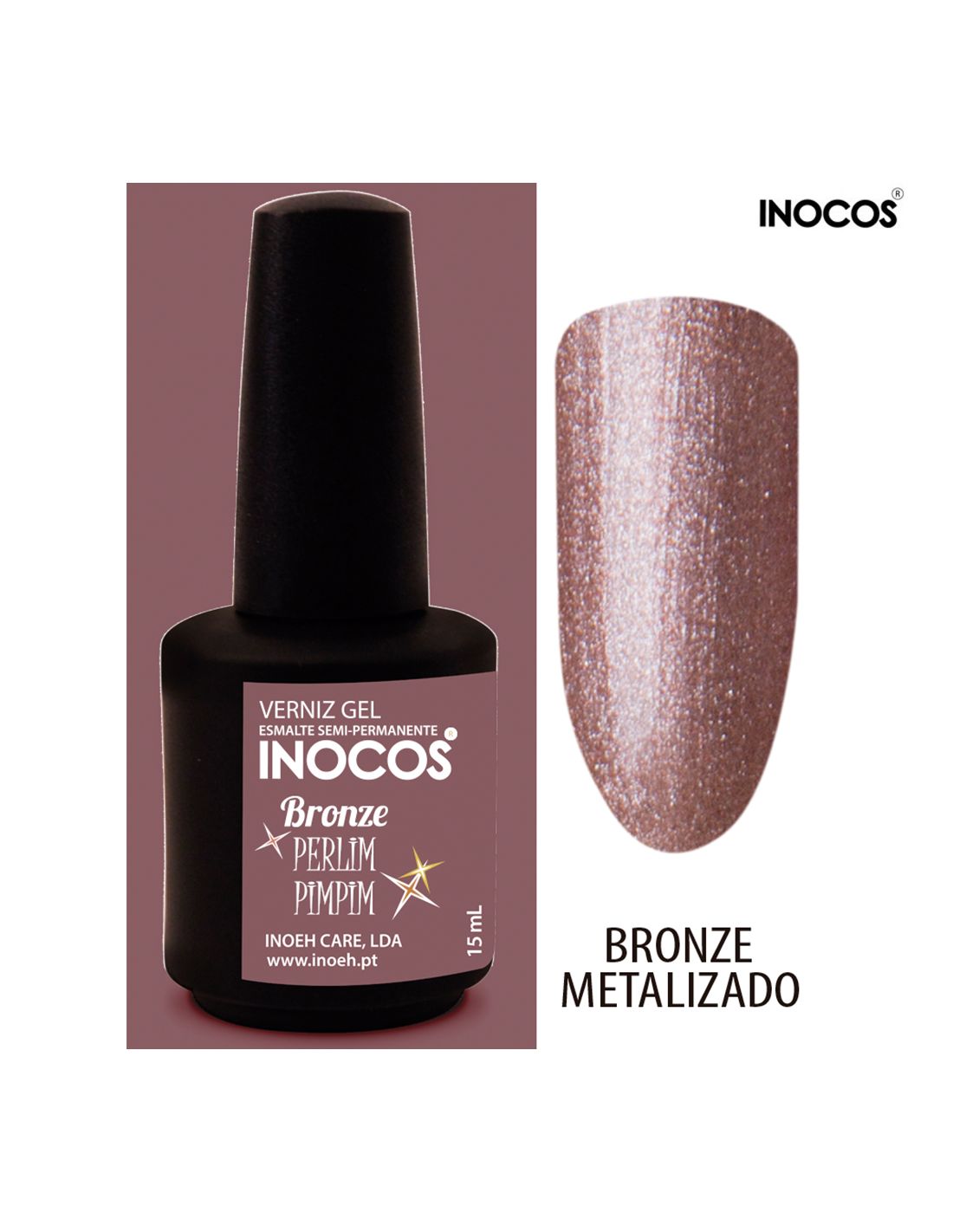 Frasco de verniz gel INOCOS bronze metalizado com amostra da cor