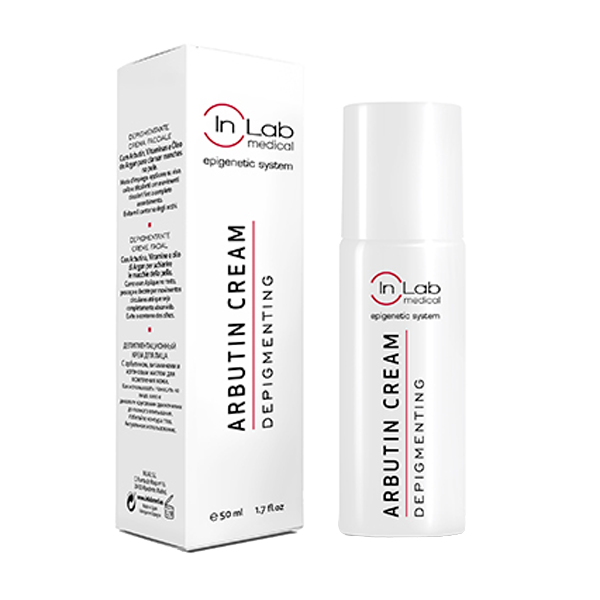 Frasco e caixa branca de creme depigmentante Arbutin Cream InLab medical