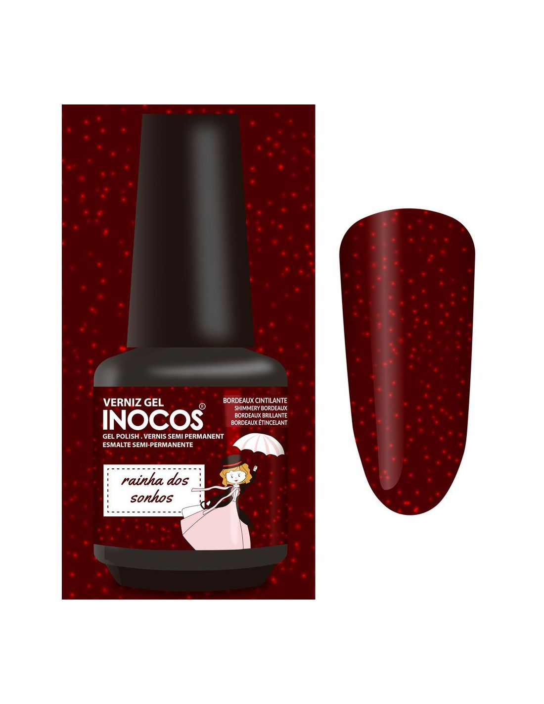 Frasco de verniz gel vermelho cintilante com rótulo e amostra da cor