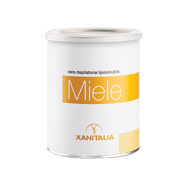 Lata branca de cera depilatória com etiqueta amarela e texto Miele XANITALIA