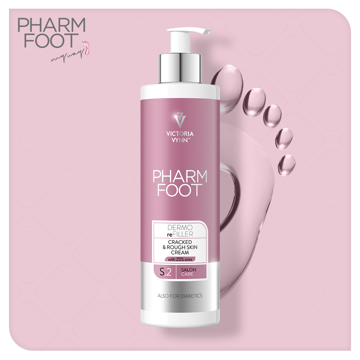 Frasco rosa de creme PHARM FOOT da Victoria Vynn com doseador branco