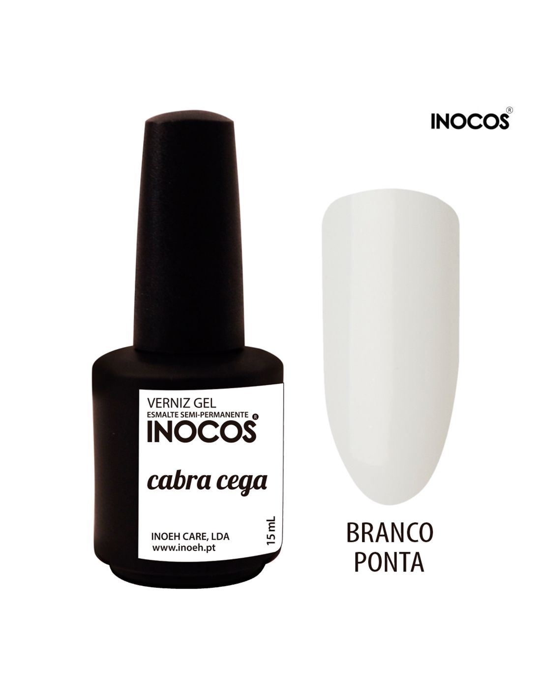 Frasco de verniz gel Inocos cor cabo cega com amostra de unha branca