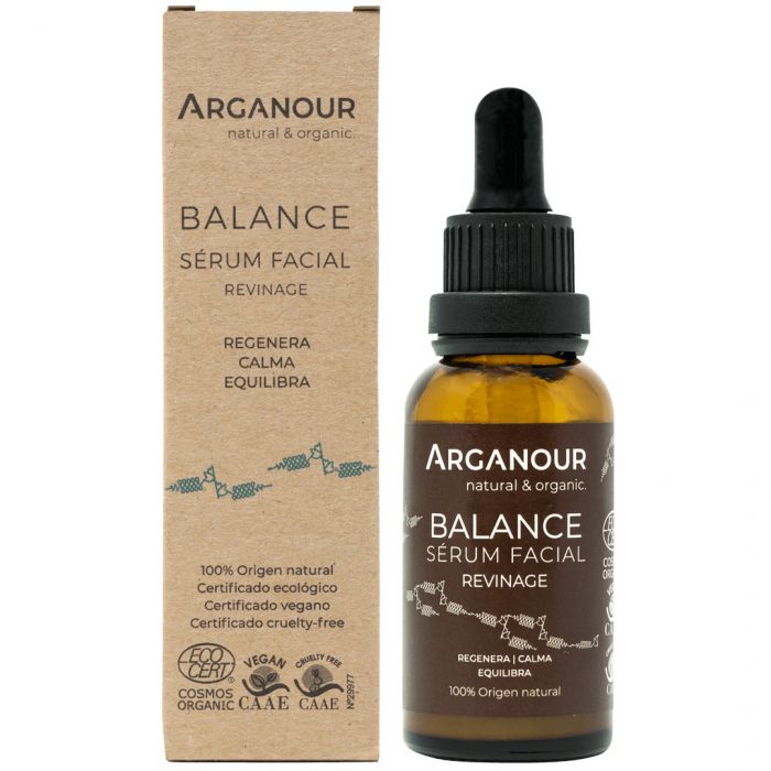 Sérum facial Arganour Balance com embalagem e caixa castanha e conta-gotas preto