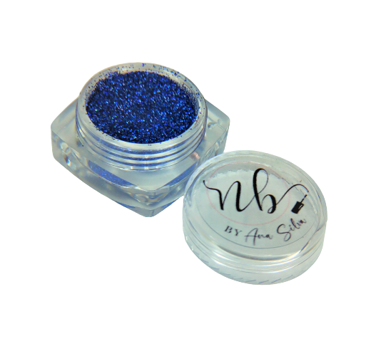 Pote de glitter azul escuro com tampa transparente rotulada