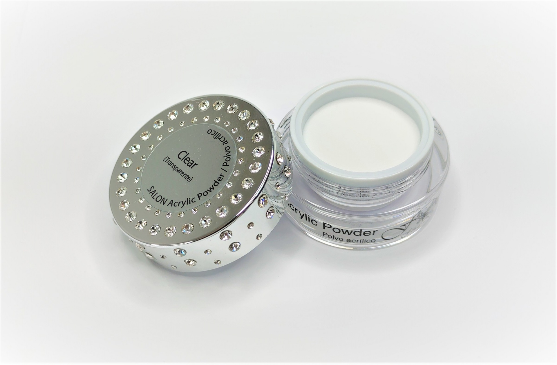 Frasco de pó acrílico para unhas translúcido com tampa decorada com pedras brilhantes