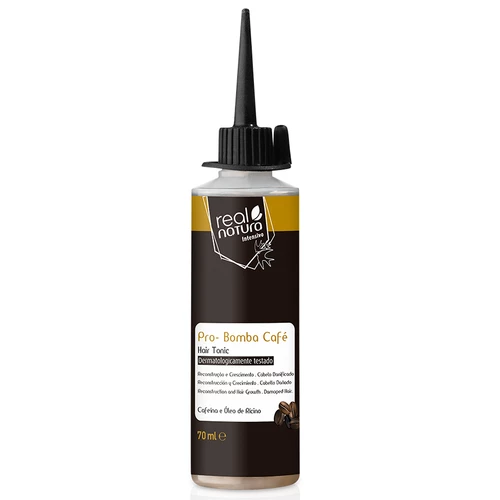 Frasco de tónico capilar Real Natura Pro-Bomba Café com aplicação fina