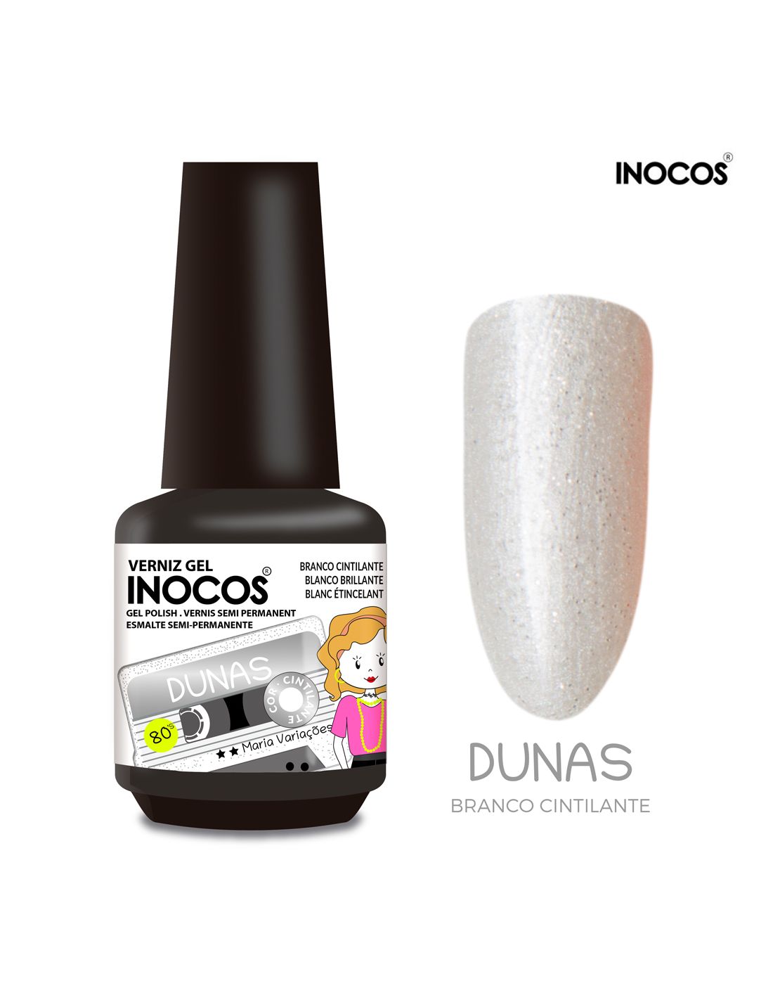 Verniz gel INOCOS DUNAS branco cintilante com amostra de cor
