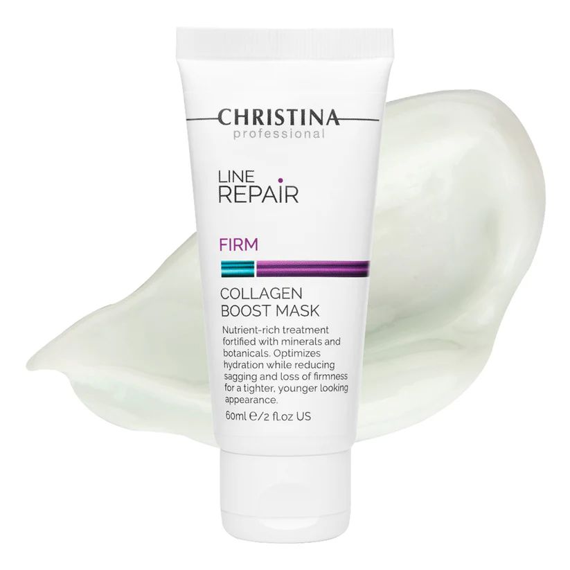 Tubo branco com máscara facial Christina Line Repair Collagen Boost Mask em fundo branco com textura cremosa.