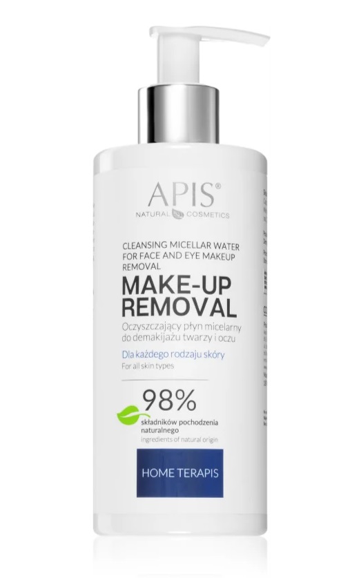 Frasco branco de água micelar de maquilhagem da APIS Natural Cosmetics com dispensador