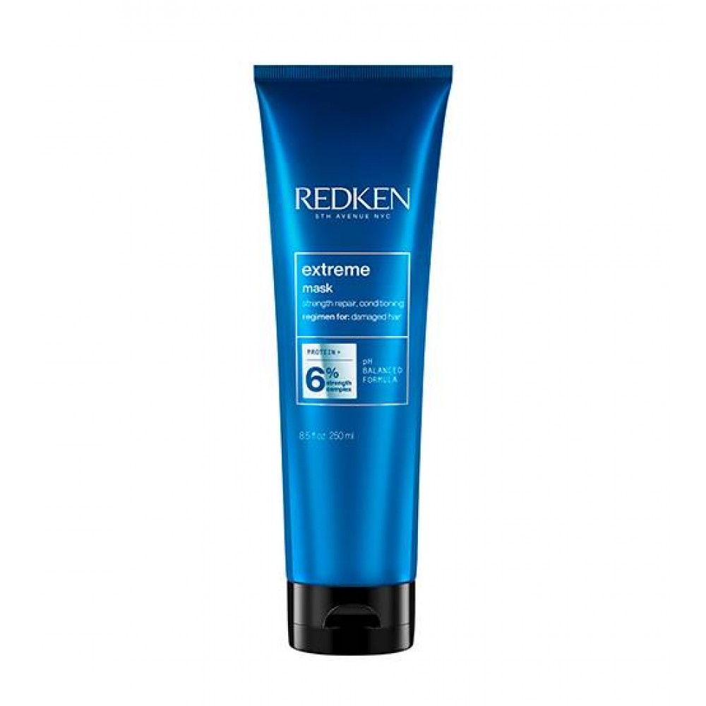 Frasco azul metálico do produto Redken Extreme Mask para cabelo