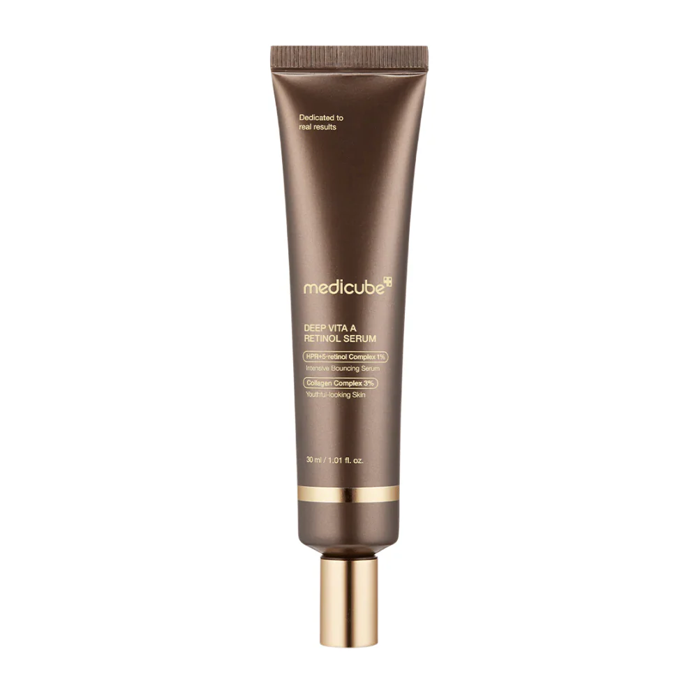 Serum facial Medicube Deep Vita A Retinol em tubo marrom com tampa dourada