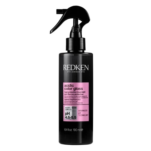 Frasco de spray preto com rótulo cor-de-rosa com texto Redken acidic color gloss
