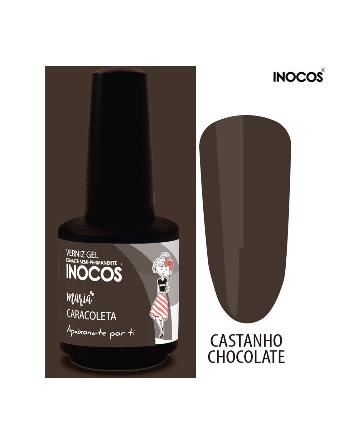 Verniz gel INOCOS castanho chocolate com rótulo e amostra da cor