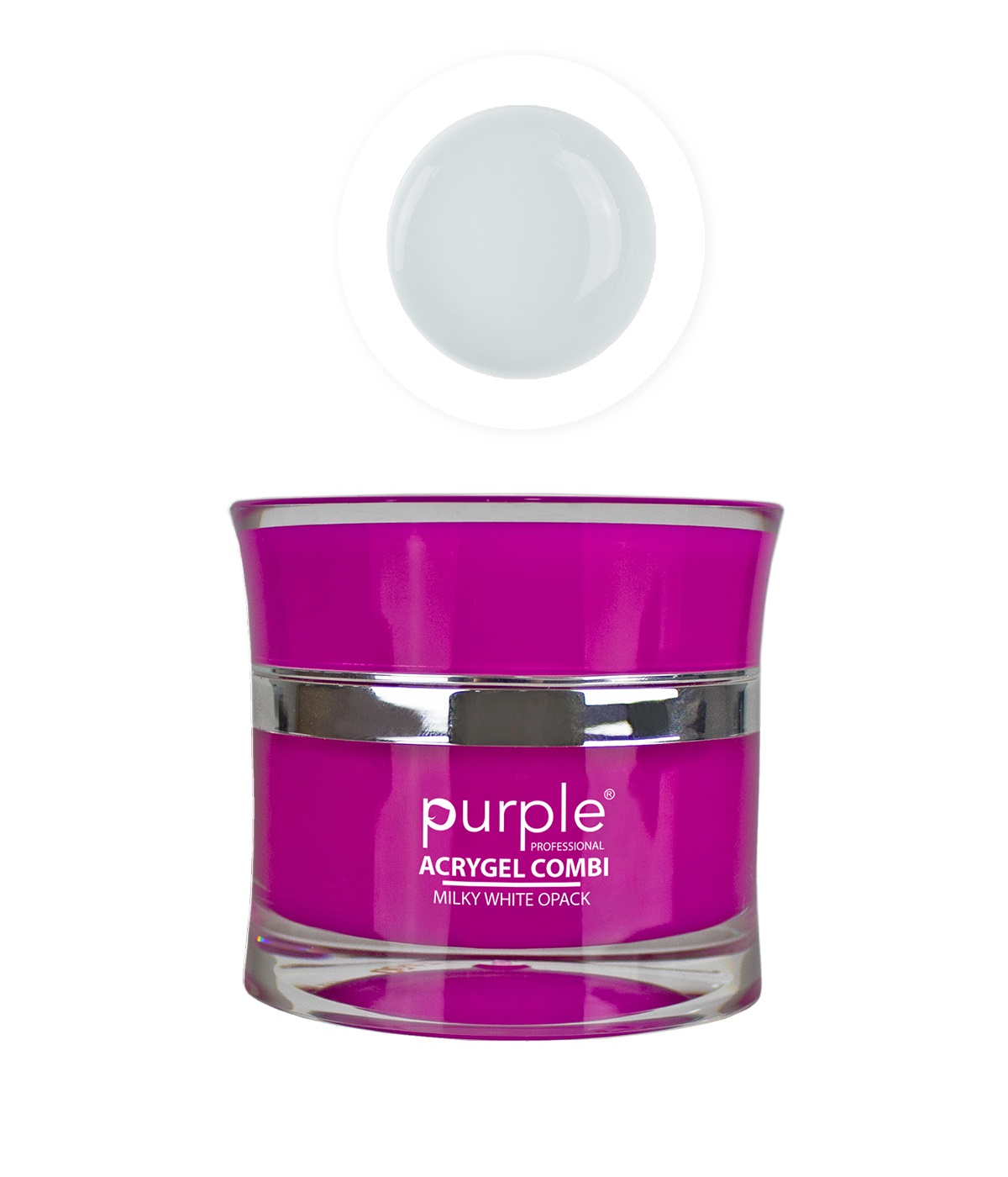 Frasco roxo com rótulo branco e faixa prata de produto acrílico em gel branco.