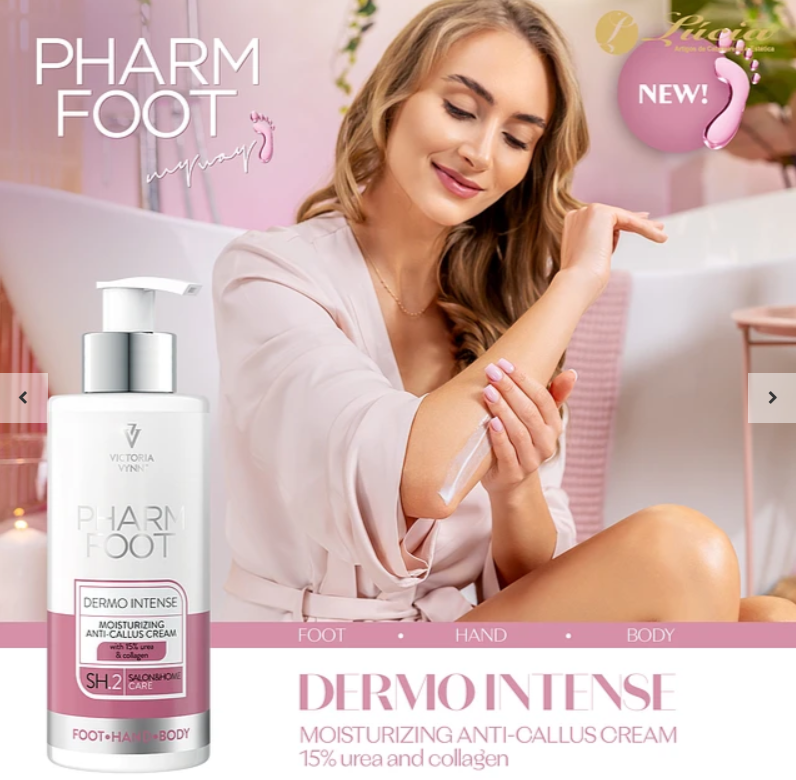 Frasco de creme hidratante anti-calosidades com doseador, mulher aplicando creme no braço, selo NEW!