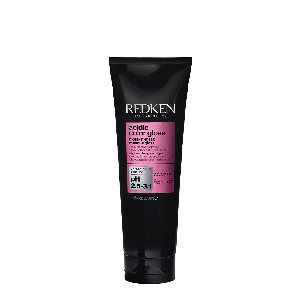 Frasco preto de 250 ml do produto REDKEN acidic color gloss com rótulo rosa e cinzento