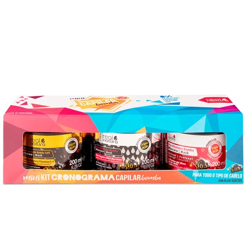 Kit mini cronograma capilar bomba composto por três máscaras em potes coloridos e embalagem colorida.